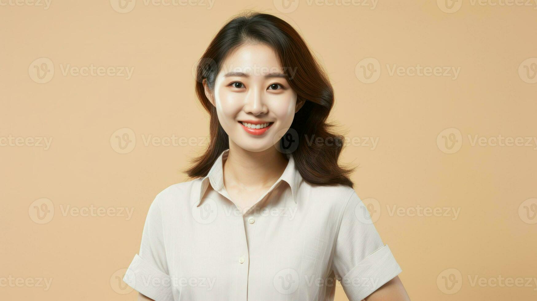 Young Asian woman posing in front of beige background. Generative AI photo