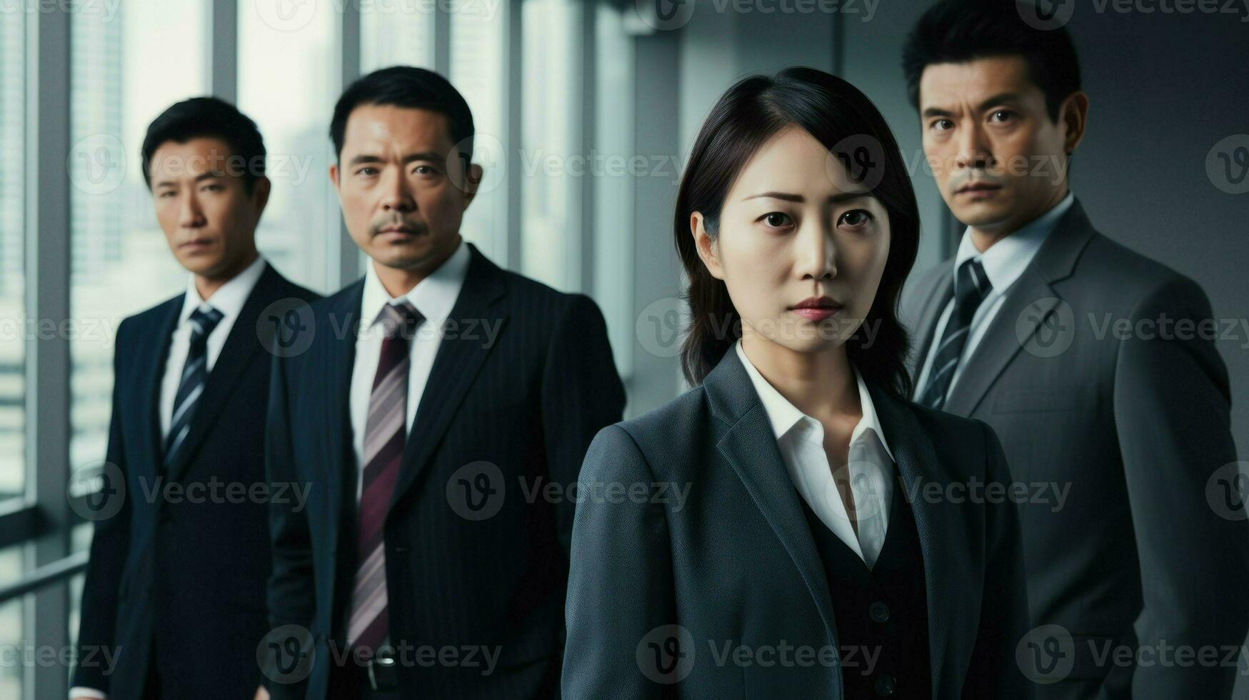 Asian business people posing seriously. Generative AI photo