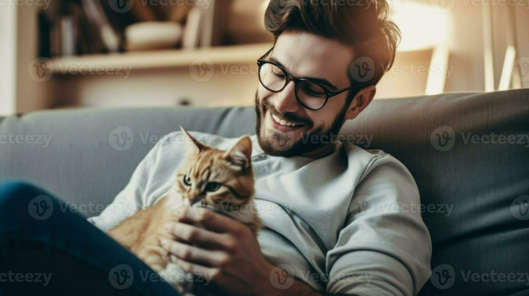 Young man sitting on a sofa loves his cat on his lap. Generative AI photo