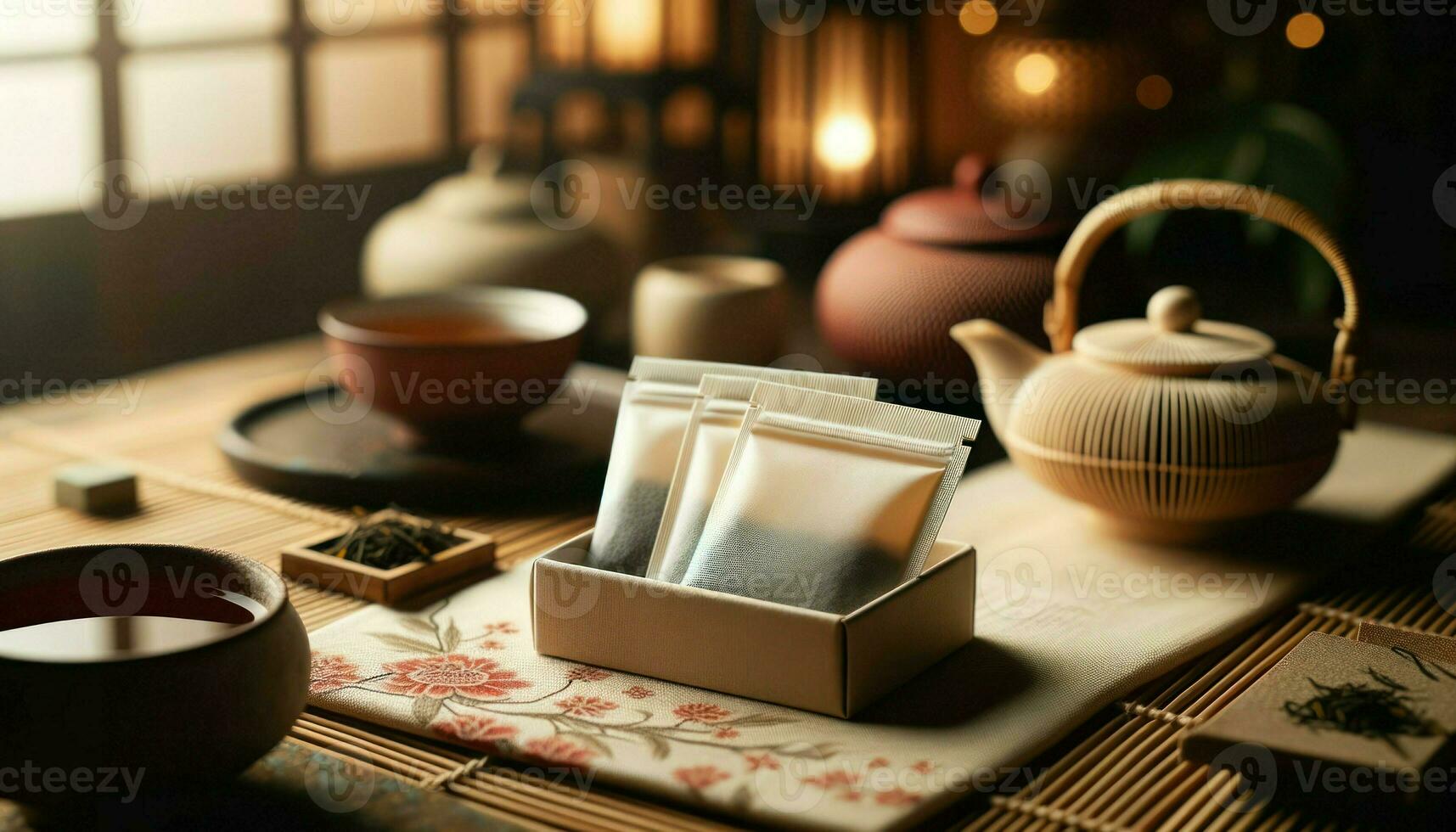 Close-up photo of blank delicate tea bags packaging prominently displayed in the foreground, adopting an oriental red and calm beige color palette.. Generative AI