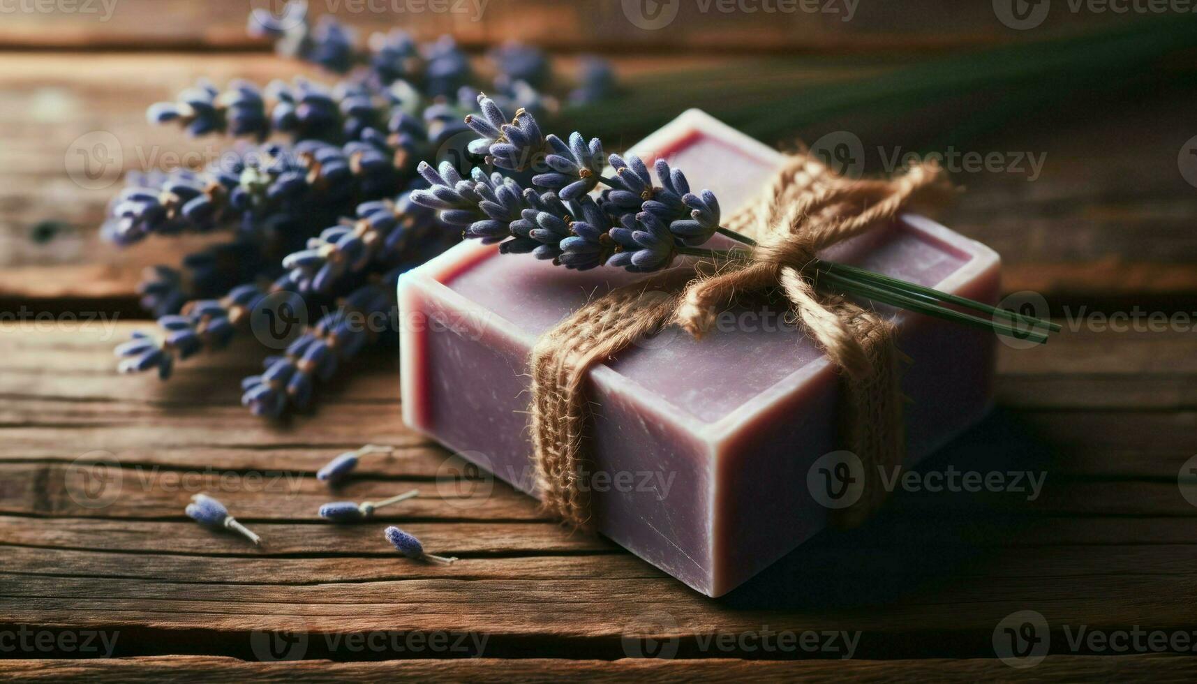 Close-up photo of fresh lavender branches and soap.. Generative AI