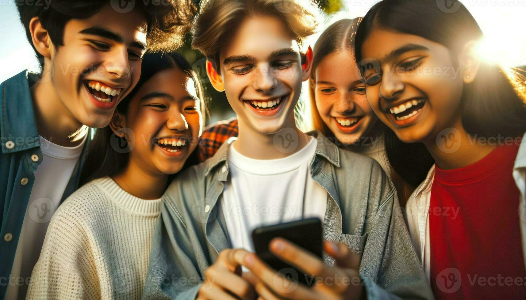 Close-up photo of a diverse group of teenagers, including a Caucasian boy, a Latina girl, and an Indian girl, laughing and sharing a moment while look phone. Generative AI