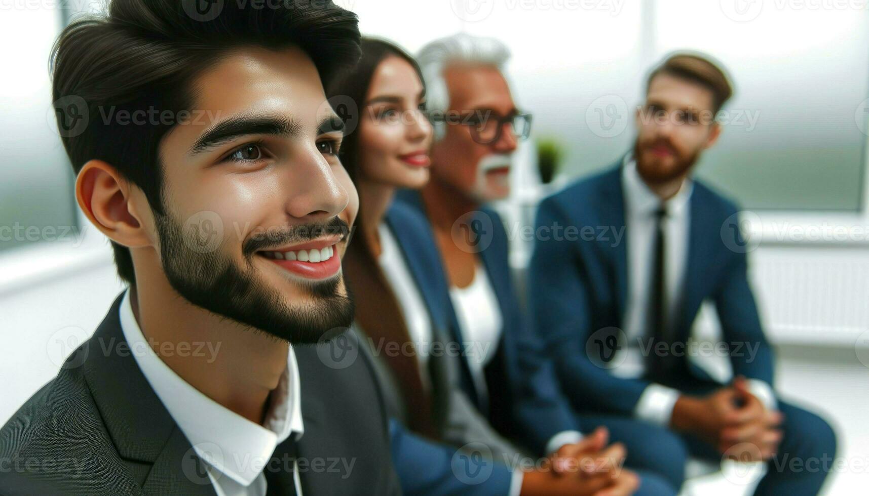 Photo of a diverse group of businesspeople in a discussion, with a close-up on the face of a Hispanic male participant. Generative AI