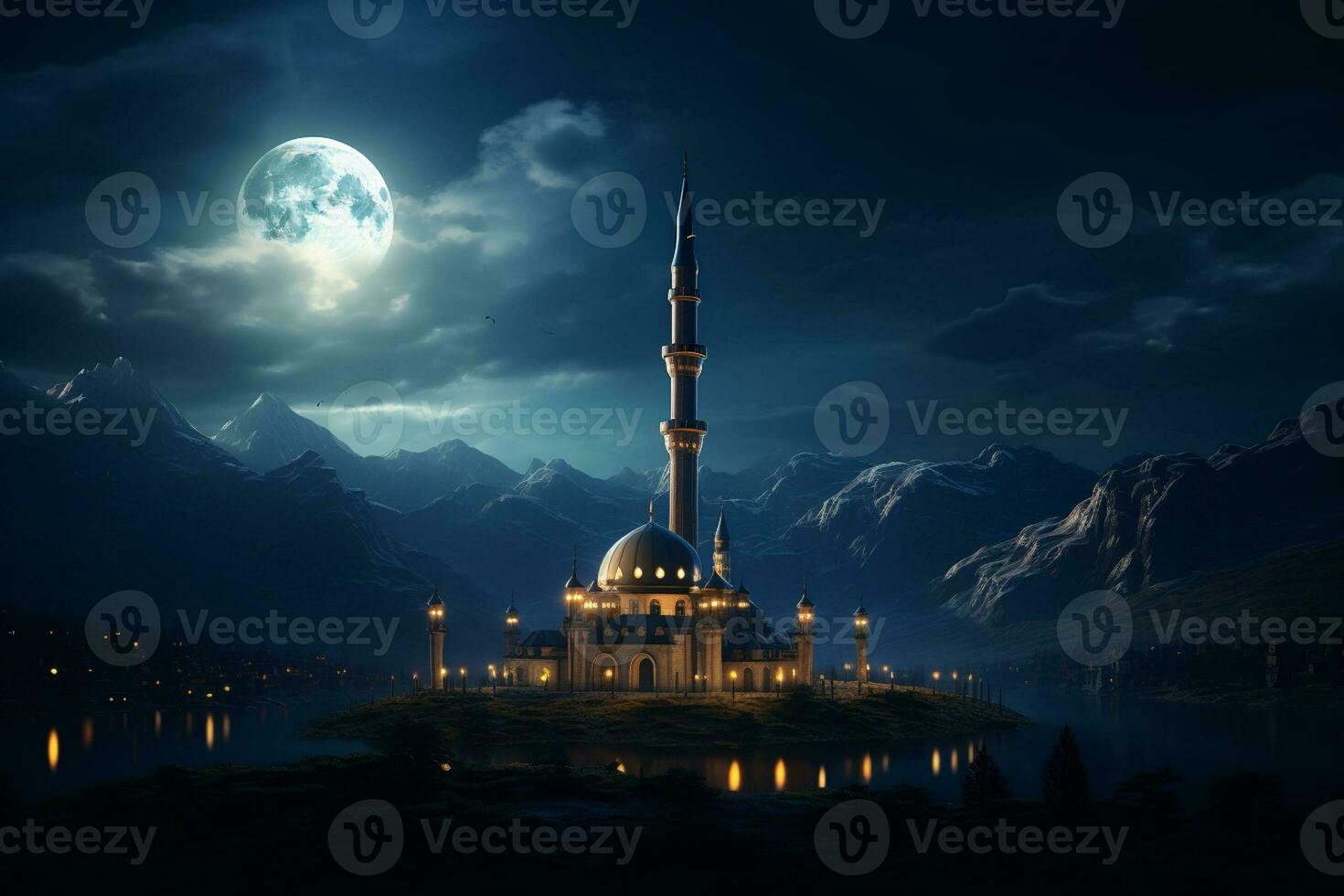 Ramadan Kareem mosque on the lake at night in full moon light Ai generative photo