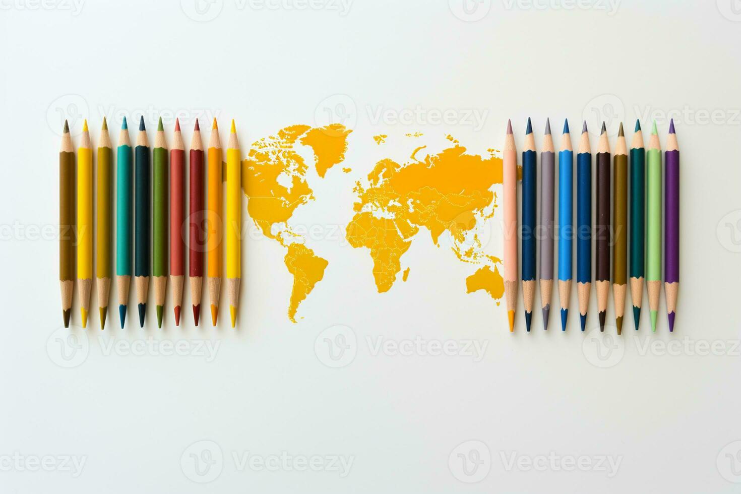 Colored pencils with world map on white background. Top view Ai generative photo