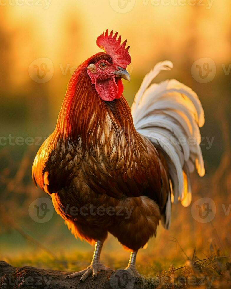 Close-up photo of a rooster in the early morning light. Generative AI