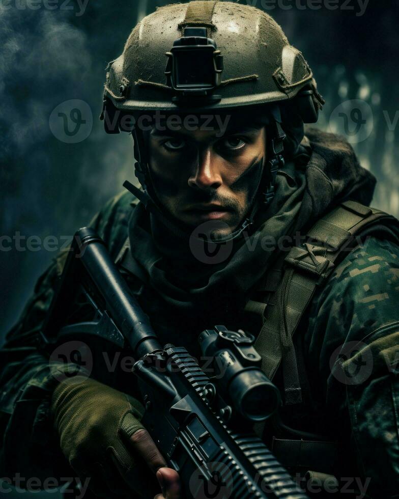 Close-up photo of a soldier with a gun. Generative AI