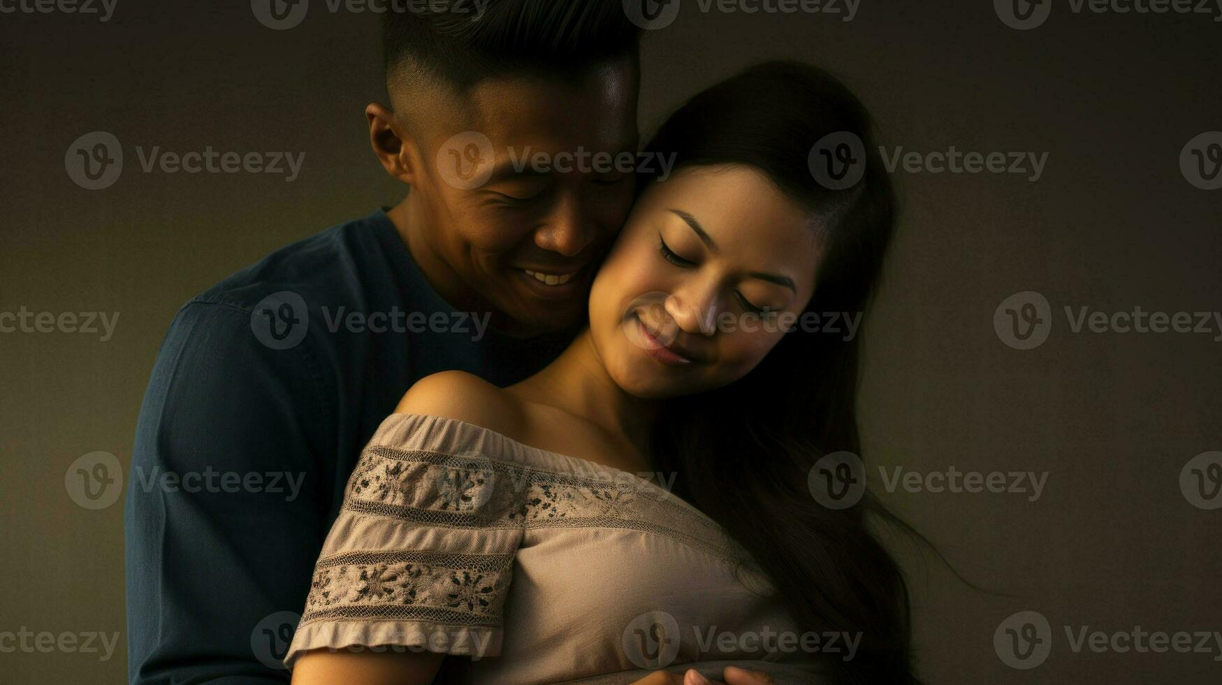 A man posing hugging his pregnant wife. Generative AI photo