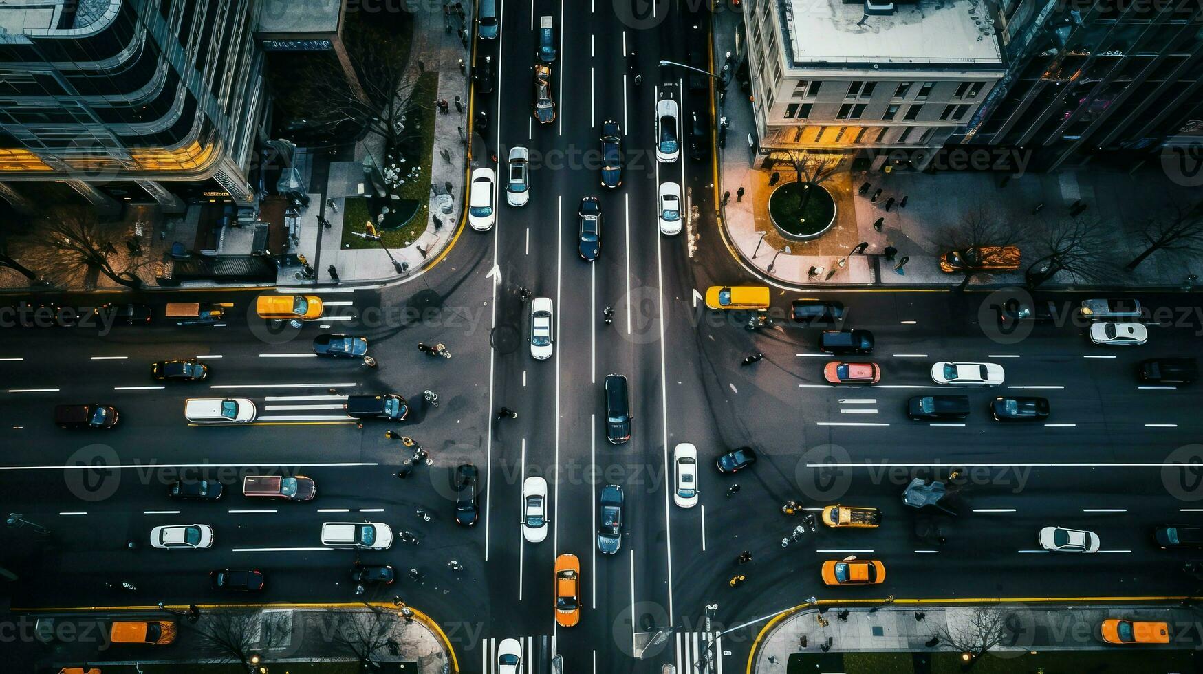 An aerial view of a bustling city intersection, captured in an image.. Generative AI photo