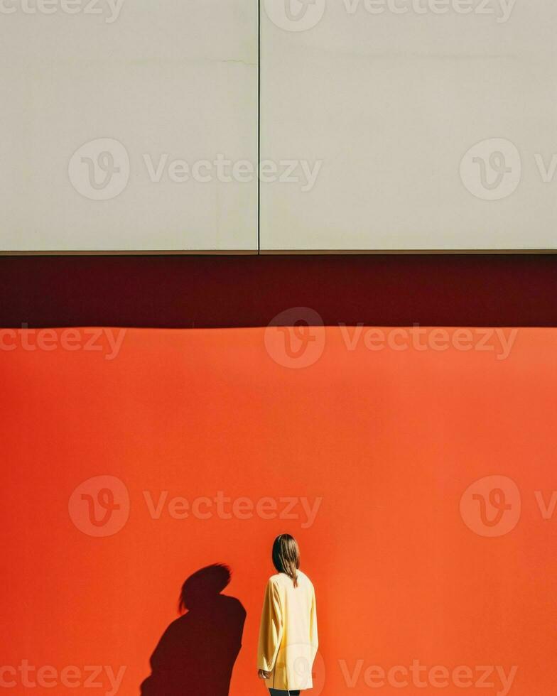 A woman in a yellow jacket stands gracefully before a vibrant red wall, creating a minimalist scene.. Generative AI photo