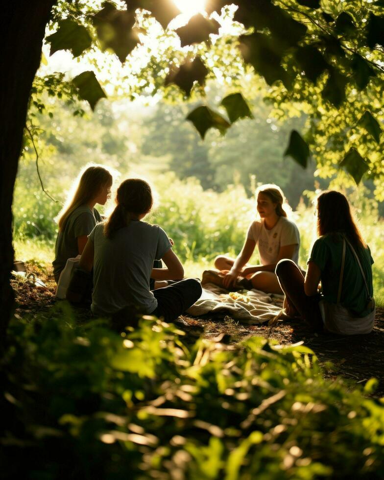 Friends gathered beneath a towering tree, embracing nature's tranquility in the heart of the woods.. Generative AI photo