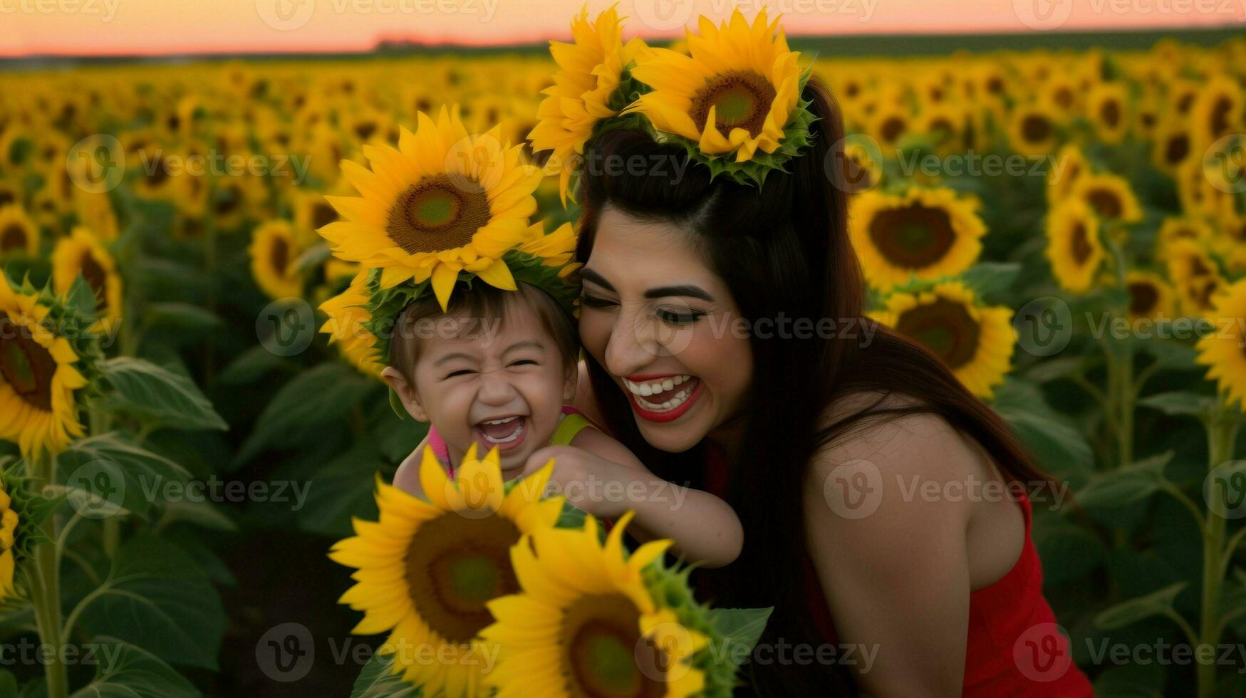 Mother and her little daughter wearing a crown full of flowers. Generative AI photo