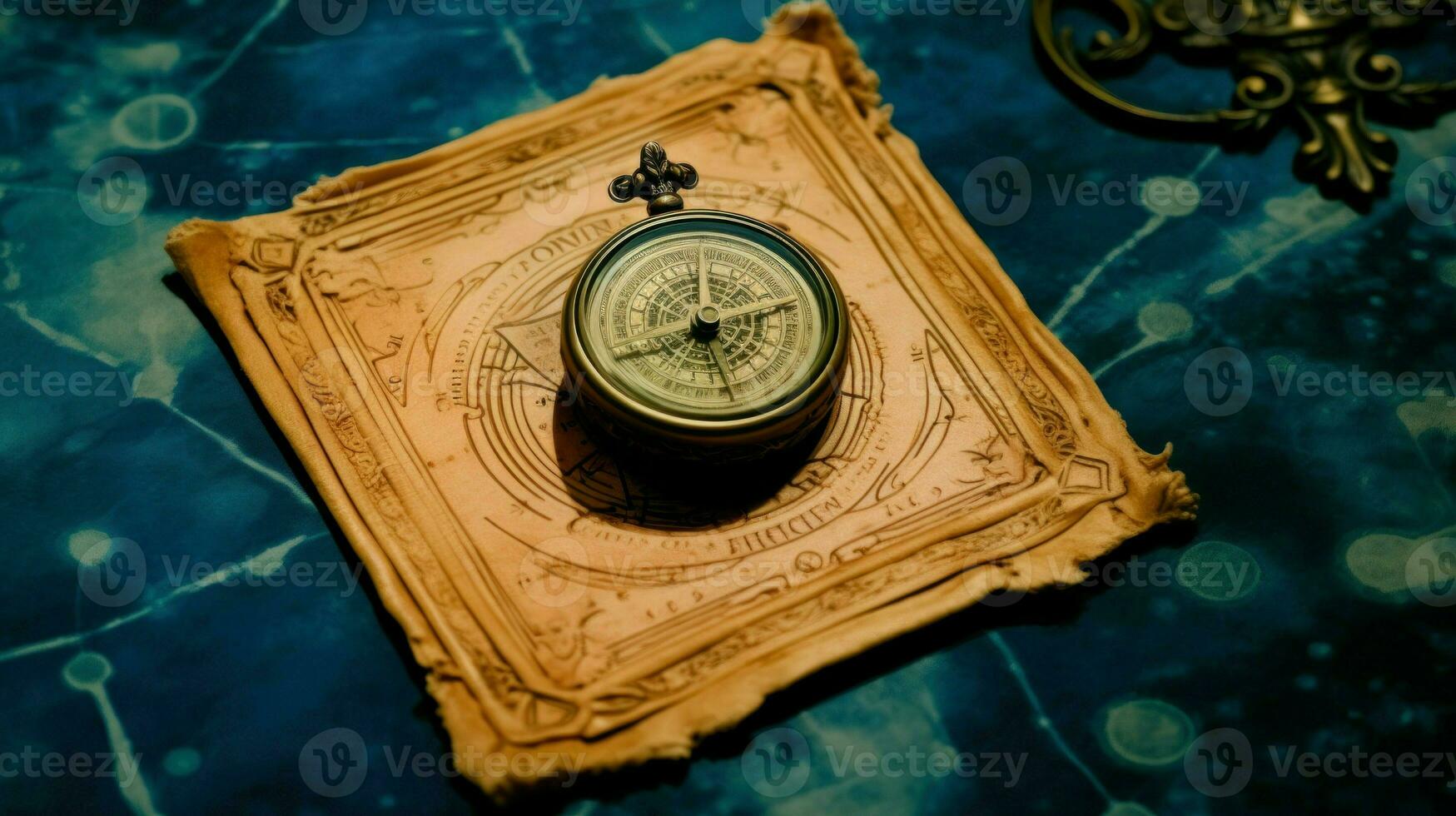 Elegant, detailed compass with intricate designs, placed on a textured blue background.. Generative AI photo