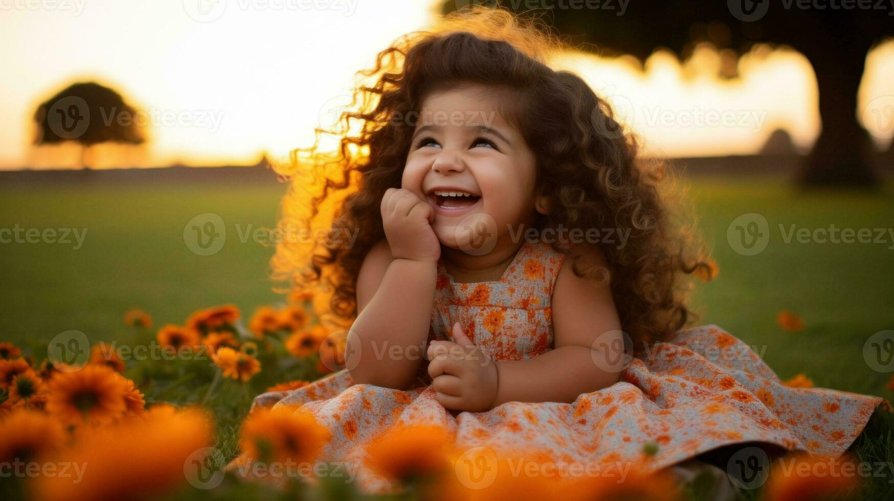 Little girl with curly hair, laughing joyfully.. Generative AI photo