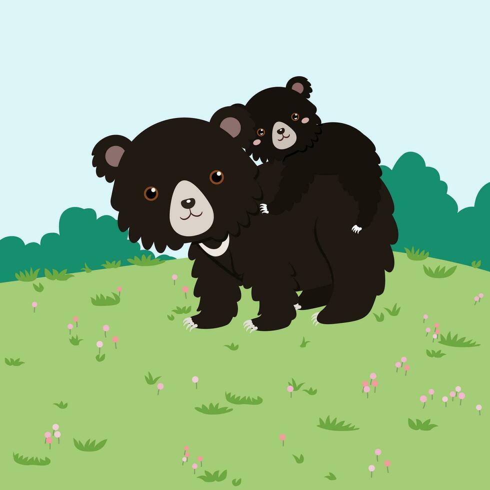 sloth bear and cub, wild animal in the nature habitat vector