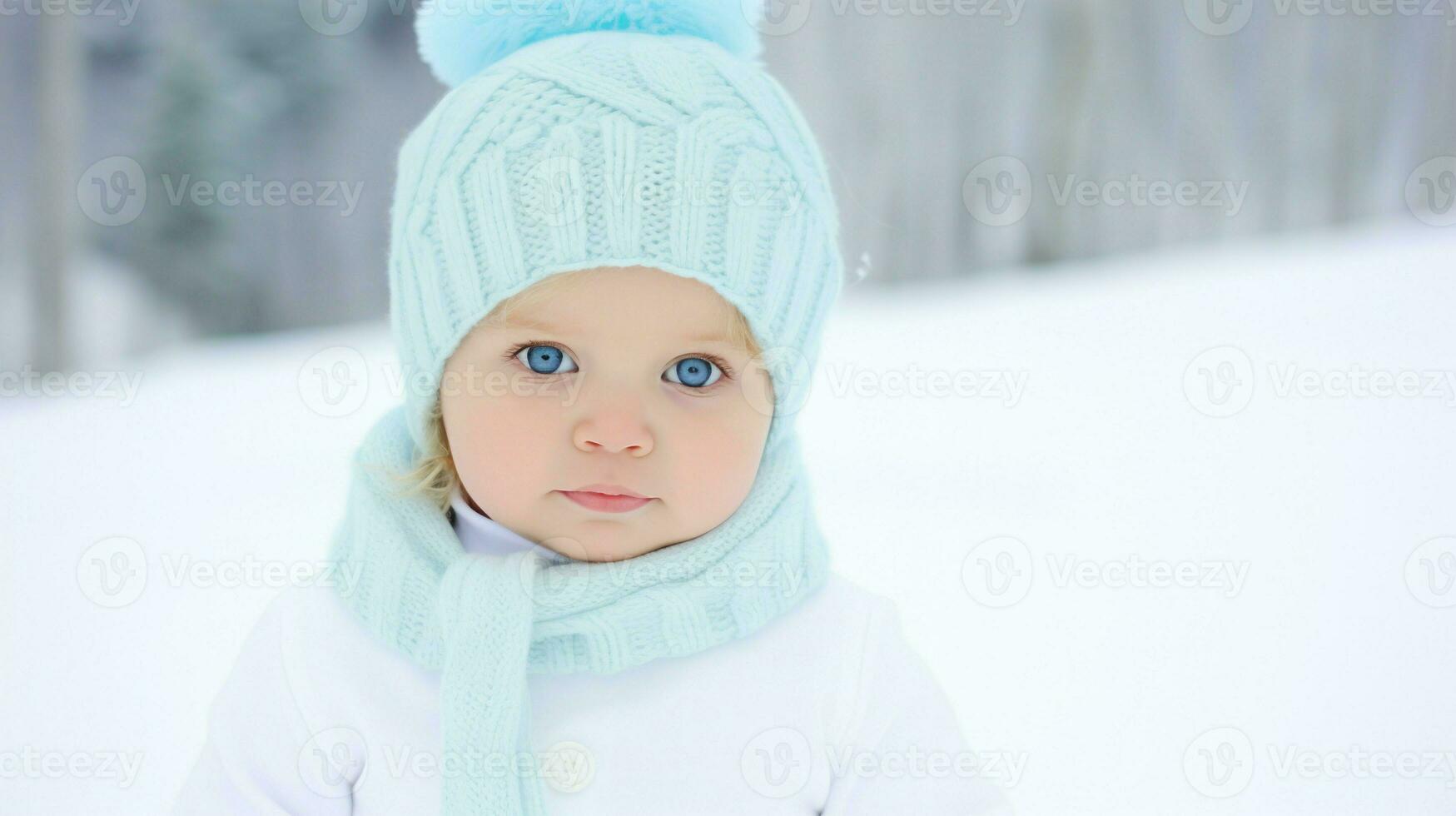 Toddler in a baby-blue winter outfit and beanie, looking serious.. Generative AI photo