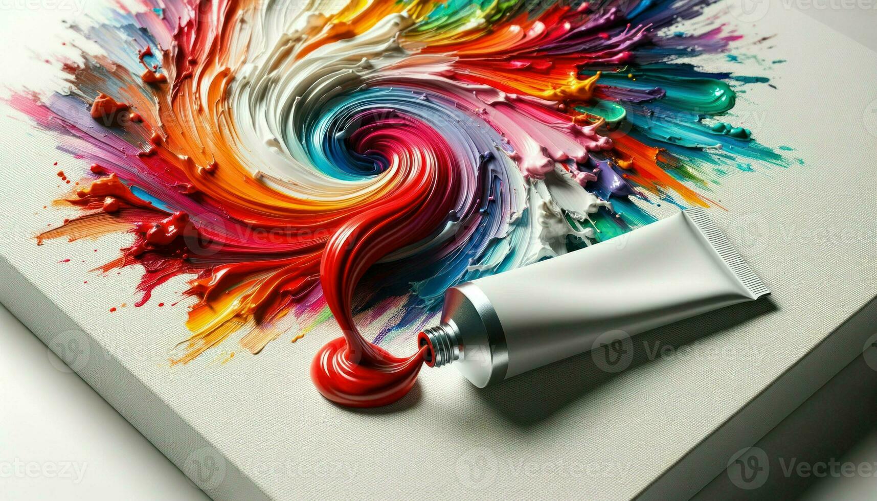Close-up photo of a single vibrant paint tube, its color burst hue squeezed out in a playful swirl, set against a canvas with fresh strokes. Generative AI