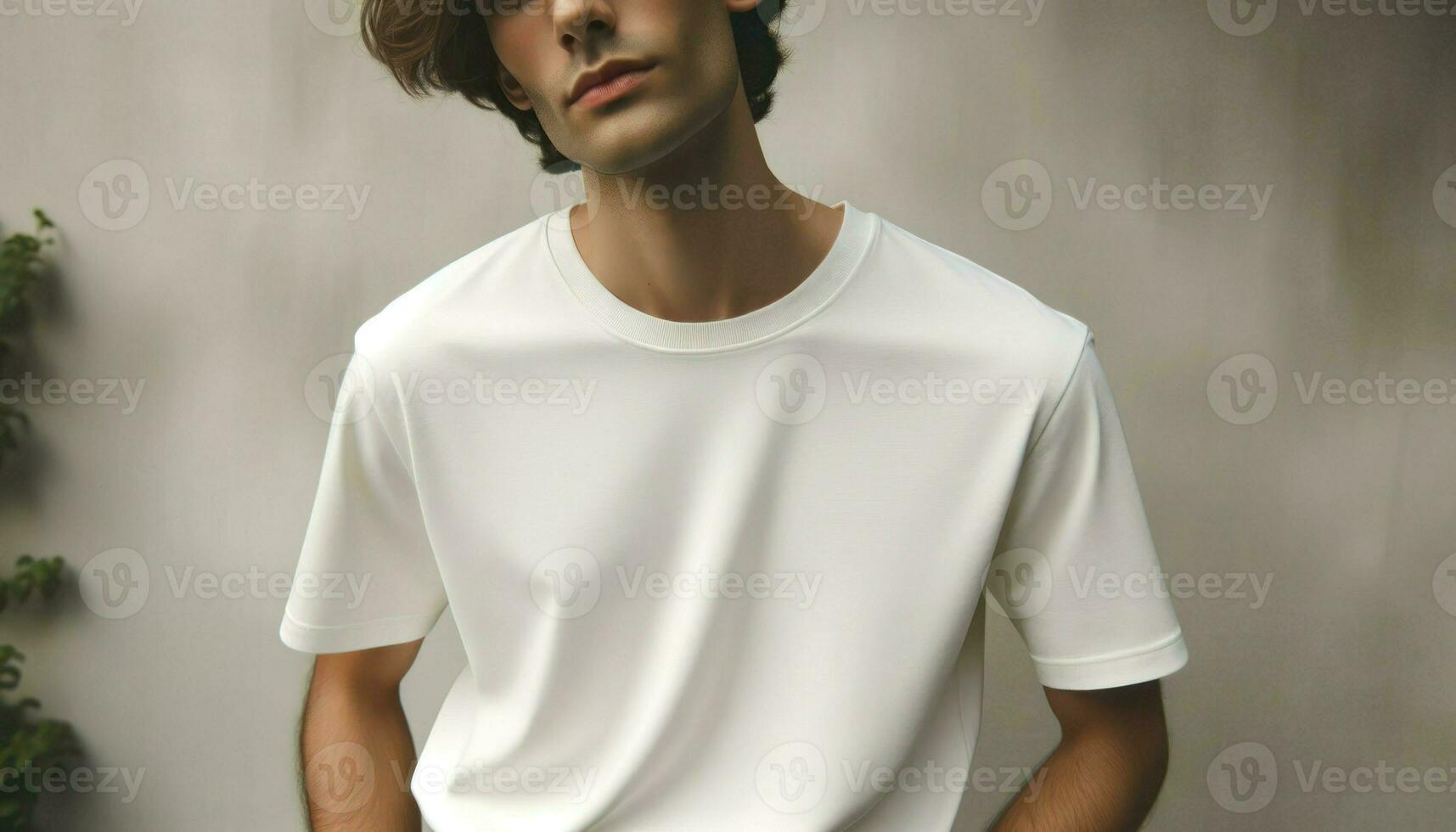 A model posing casually against a neutral backdrop, wearing a plain white t-shirt ready for branding.. Generative AI photo