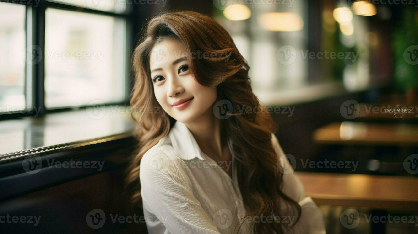 Young Asian woman looks out the window in a cafe. Generative AI photo