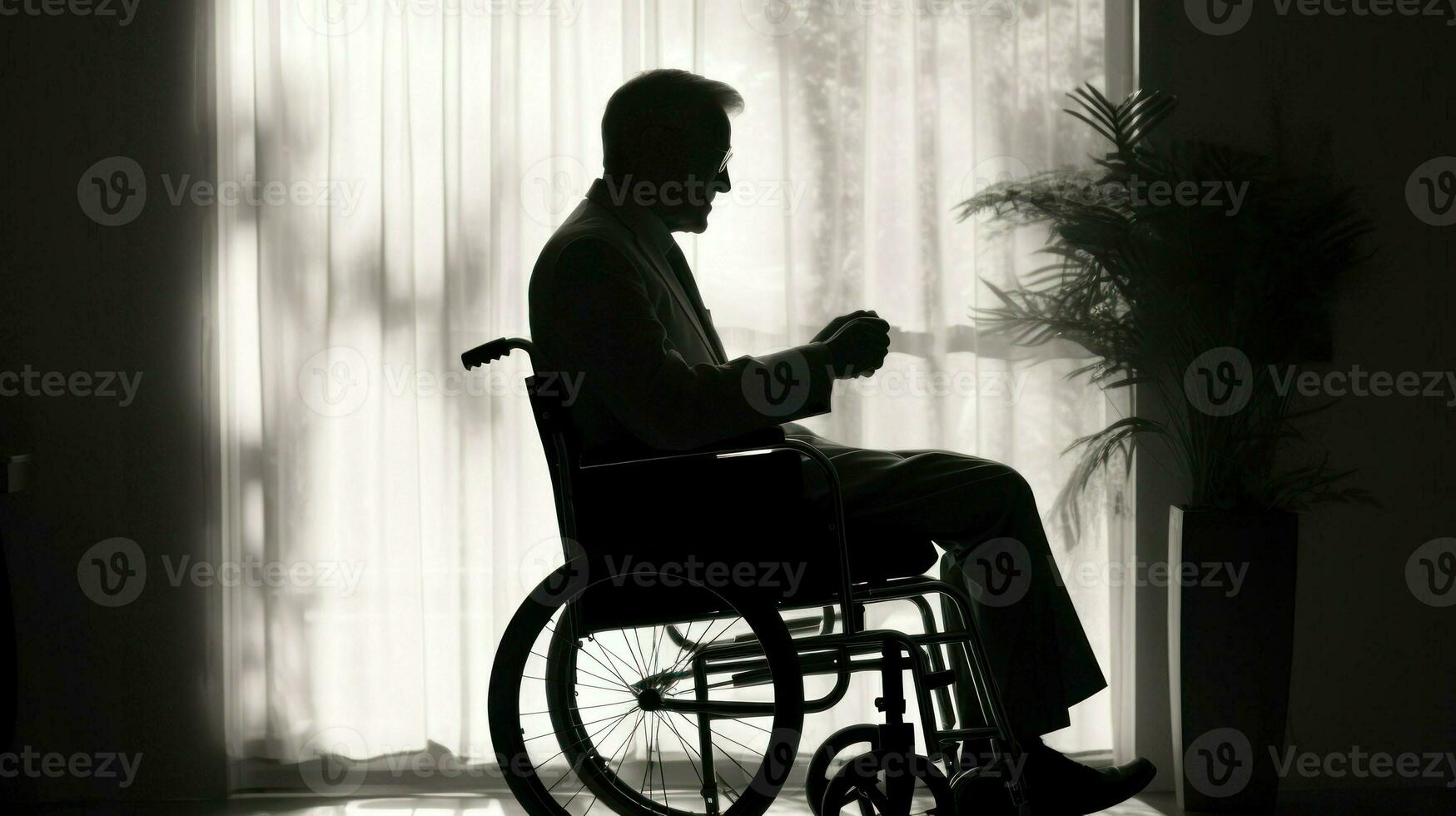 Silhouette of a man sitting in a wheelchair. Generative AI photo