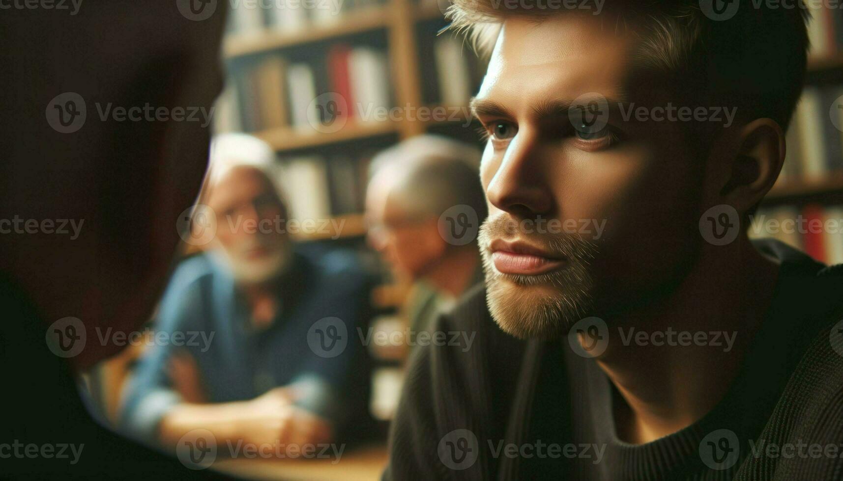 a man with fair skin and short blonde hair, deeply engrossed in a book club discussion. The close-up captures his contemplative look. Generative AI photo