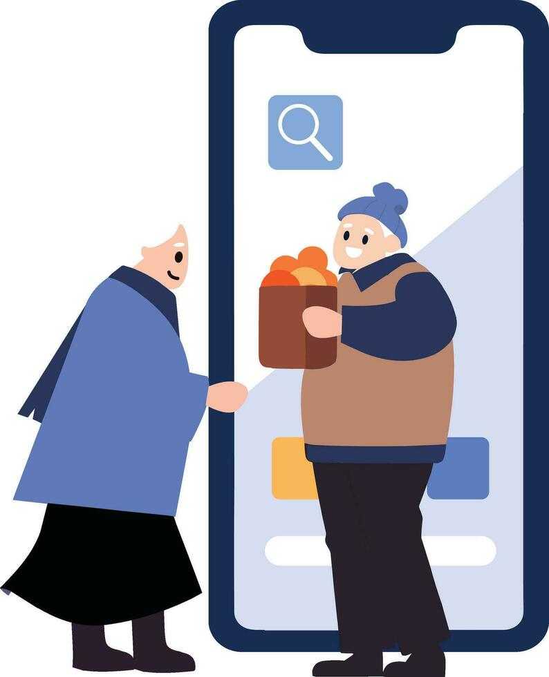 Hand Drawn Elderly characters talk through smartphones in flat style vector