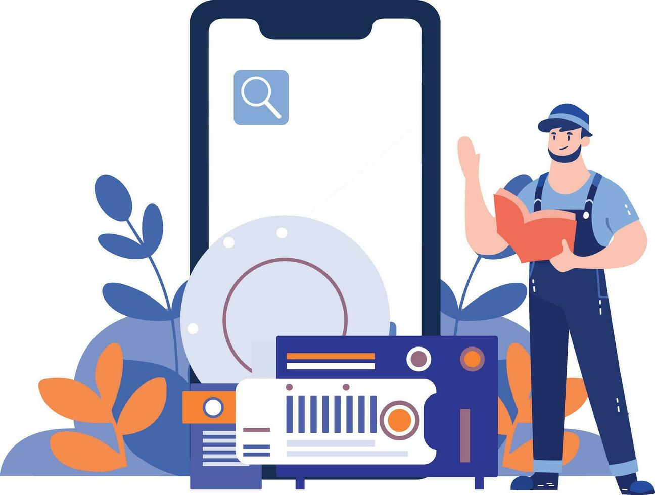 Hand Drawn Engineer or repairman character with smartphone in online repair concept in flat style vector