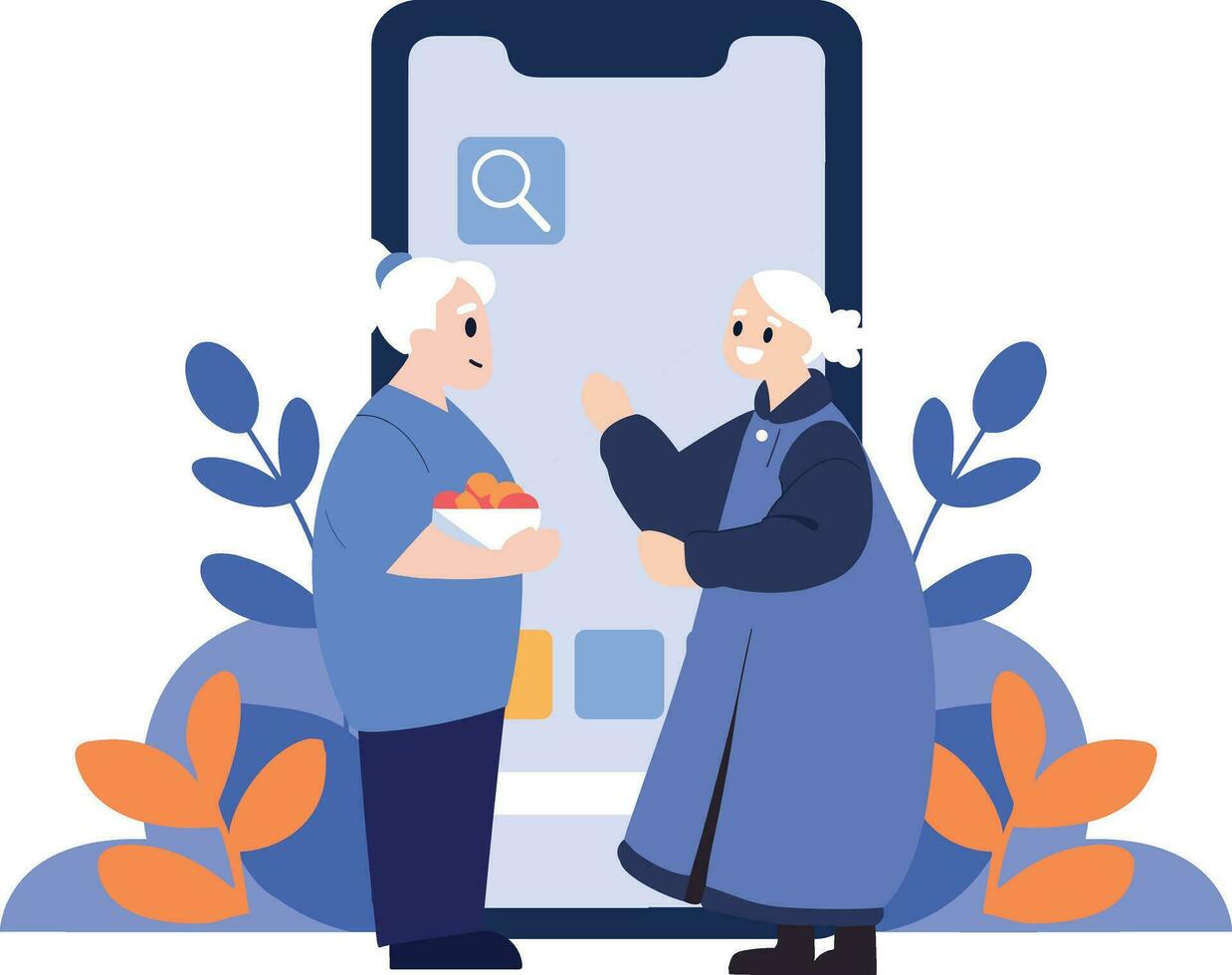Hand Drawn Elderly characters talk through smartphones in flat style vector