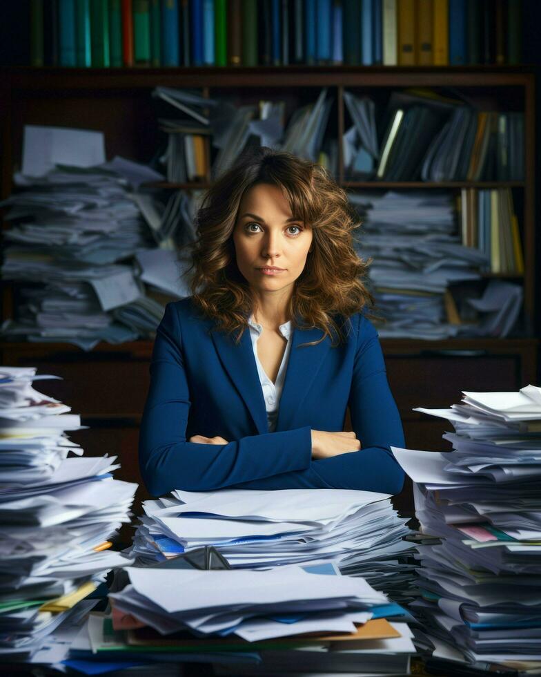 Businesswoman looking stressed among many piles of papers. Generative AI photo