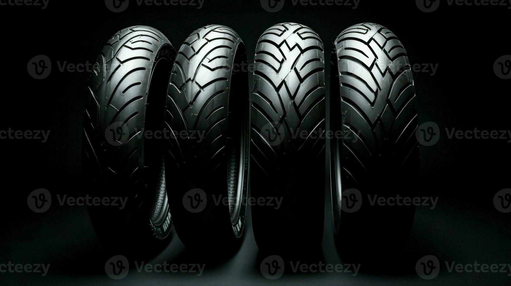 Car tires arranged in rows in front of black background. Generative AI photo