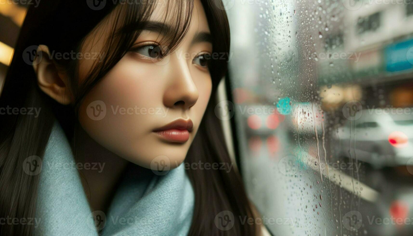 An asian woman gazing out the car window.. Generative AI photo