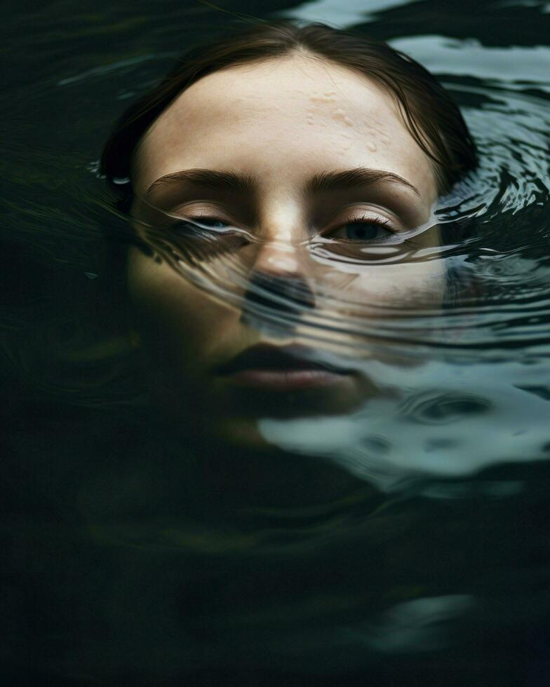 Minimalistic photography captures the peacefulness of a woman submerged in water with her eyes closed.. Generative AI photo