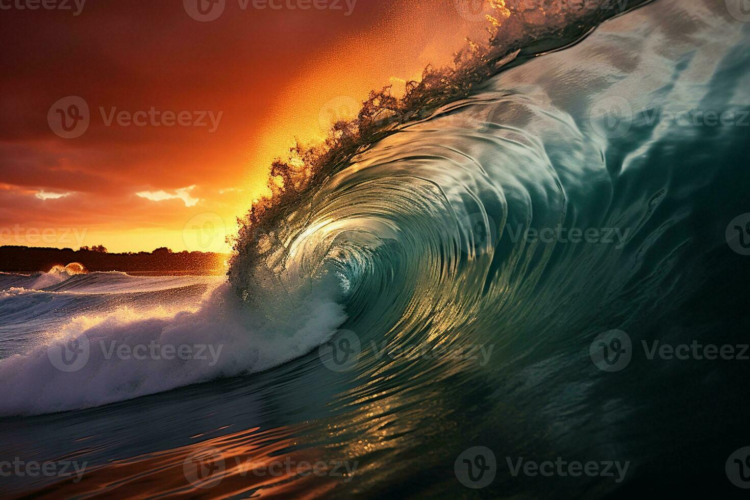 Ocean wave at sunset with reflection on water surface. Blue sky with white clouds. Ai generative photo