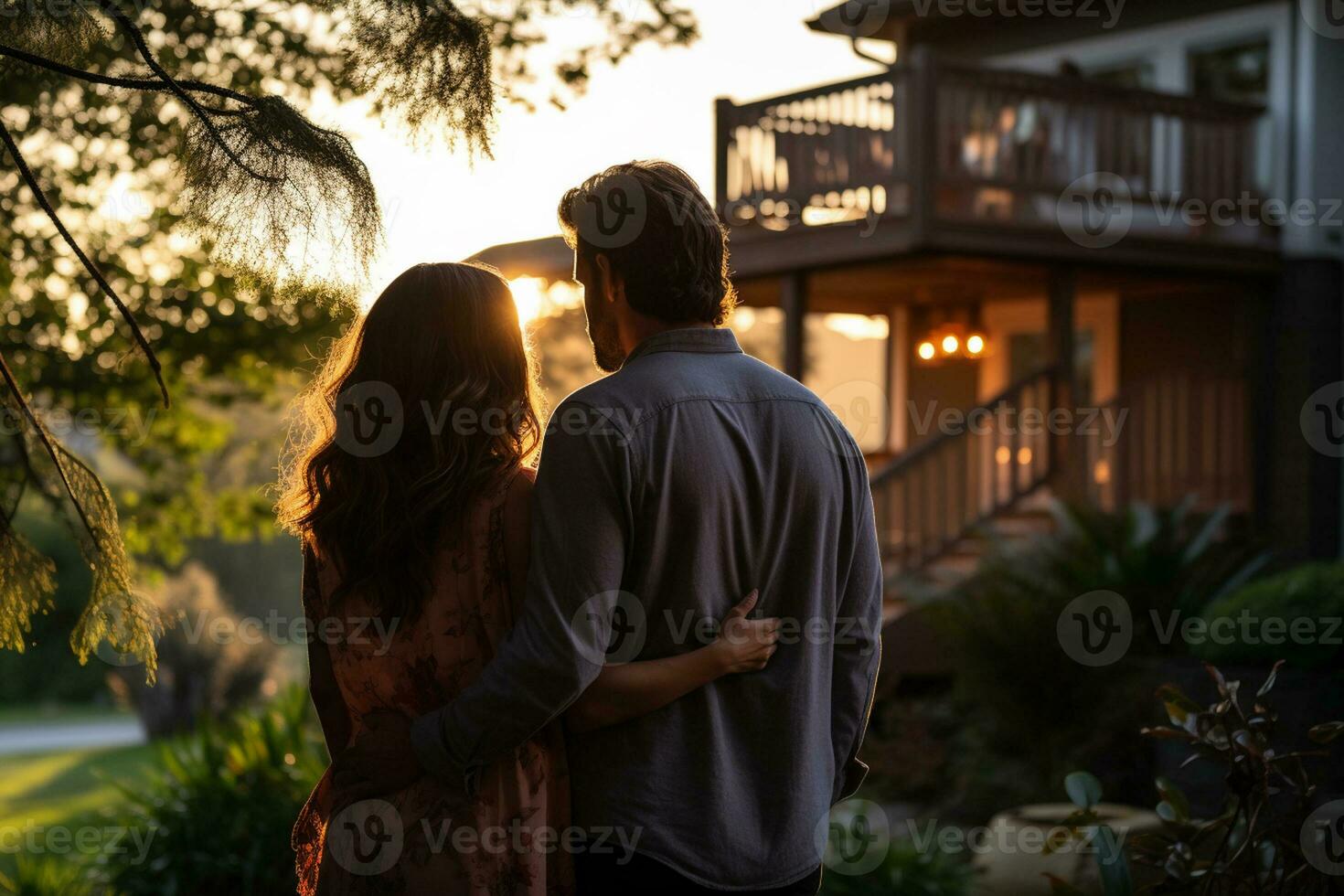 Back view of young couple hugging and looking at new house Ai generative photo