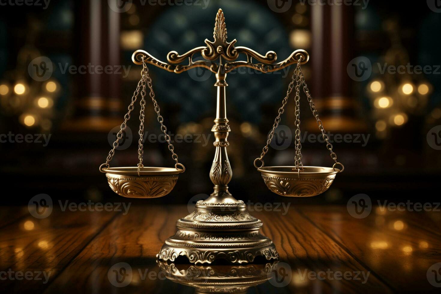 Law and justice concept. Scales of justice on wooden table. Ai generative photo