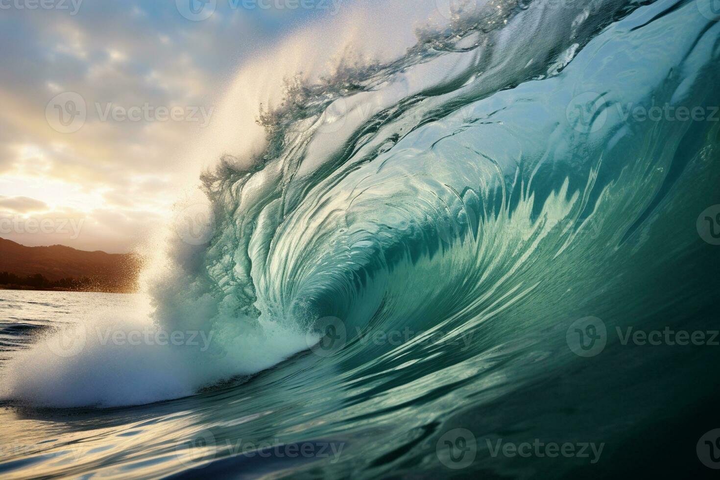 Ocean wave at sunset with reflection on water surface. Blue sky with white clouds. Ai generative photo