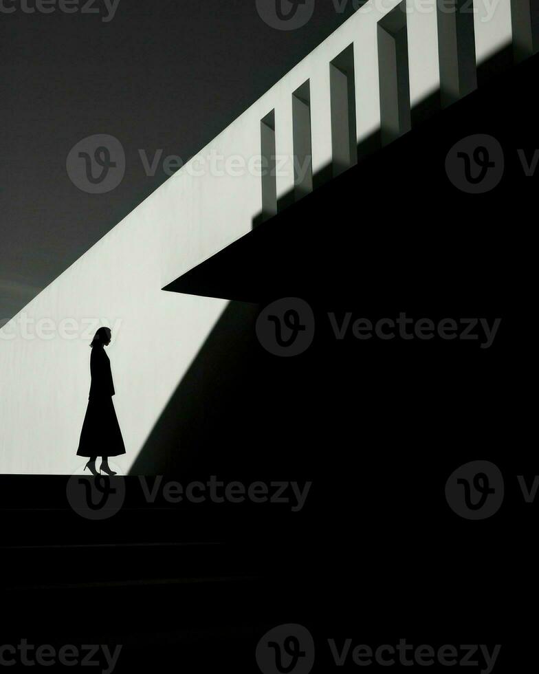 A graceful descent, shadows caress her figure, as she glides down the stairway, framed by a minimalist wall. Generative AI photo