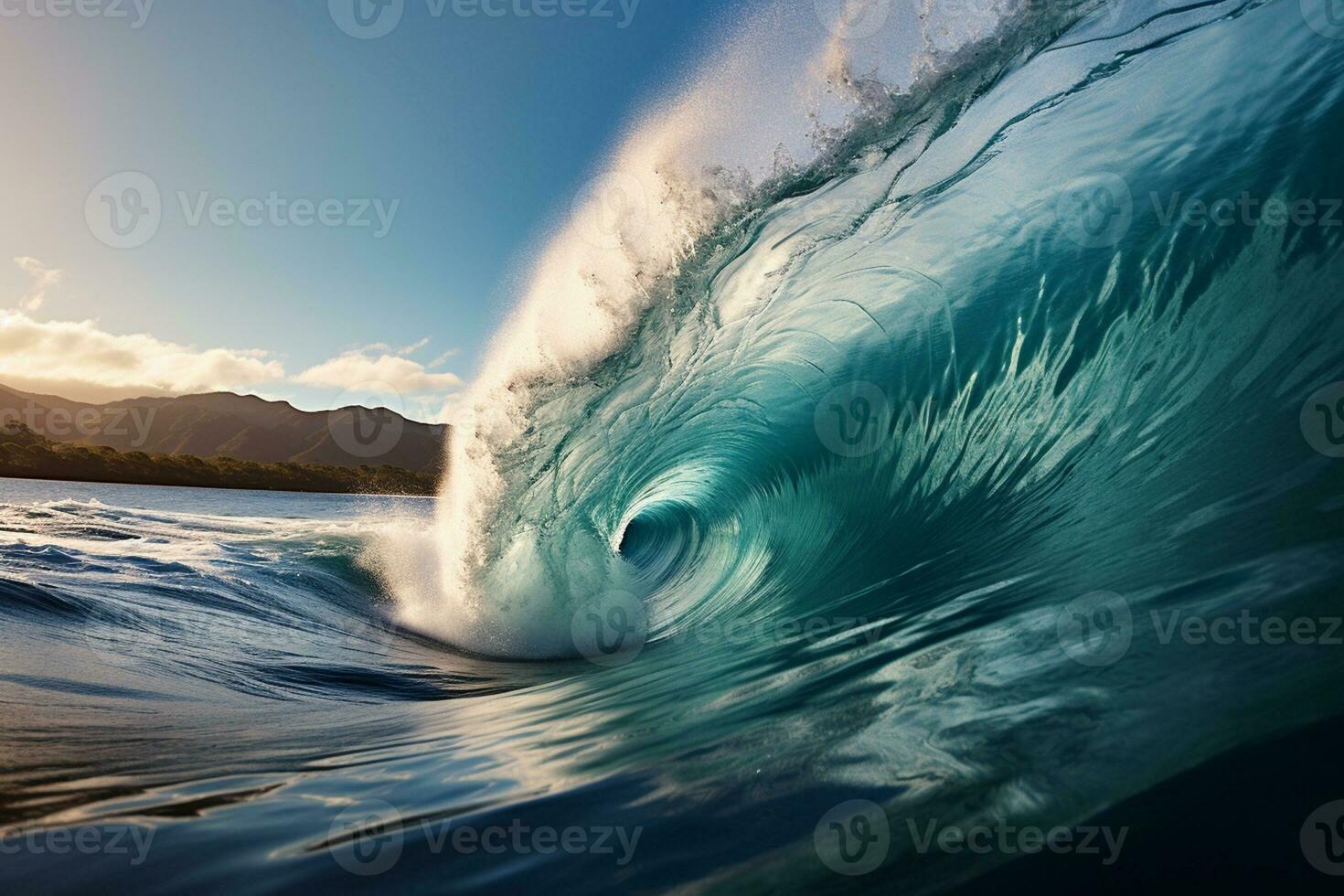 Ocean wave at sunset with reflection on water surface. Blue sky with white clouds. Ai generative photo