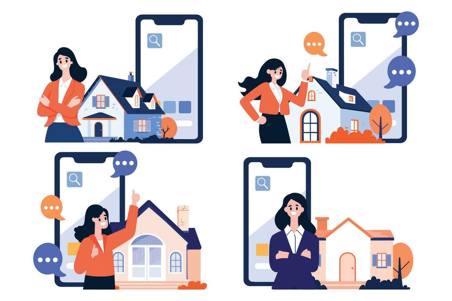 mano dibujado casa corredor personaje con teléfono inteligente en concepto real inmuebles en línea en plano estilo vector