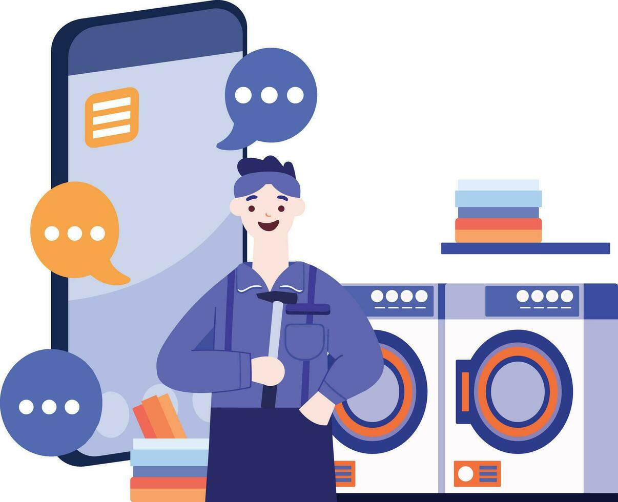 Hand Drawn Engineer or repairman character with smartphone in online repair concept in flat style vector