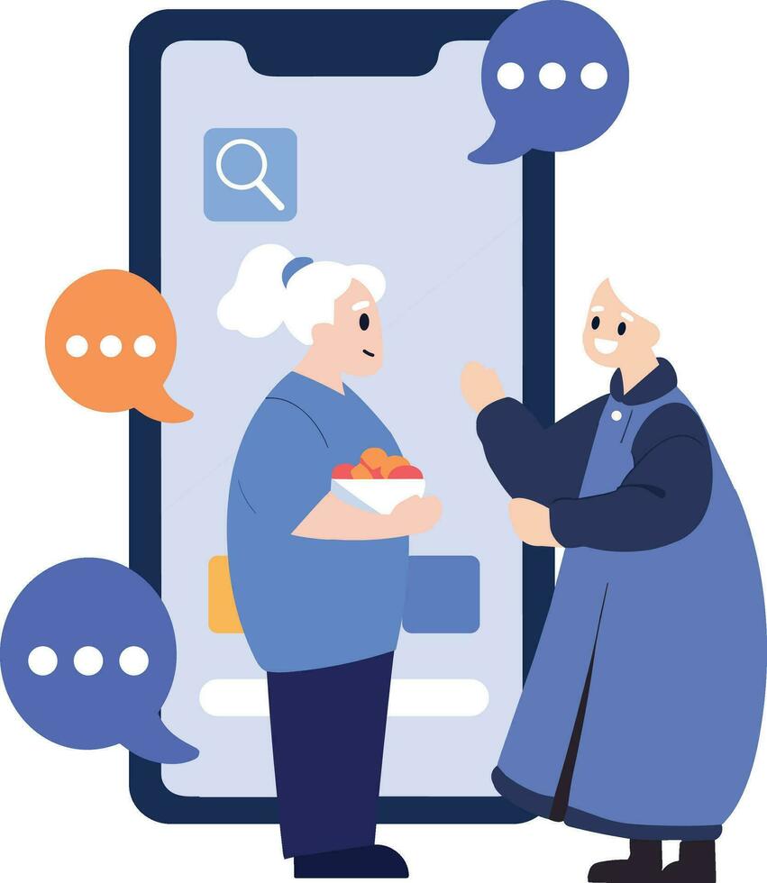 Hand Drawn Elderly characters talk through smartphones in flat style vector