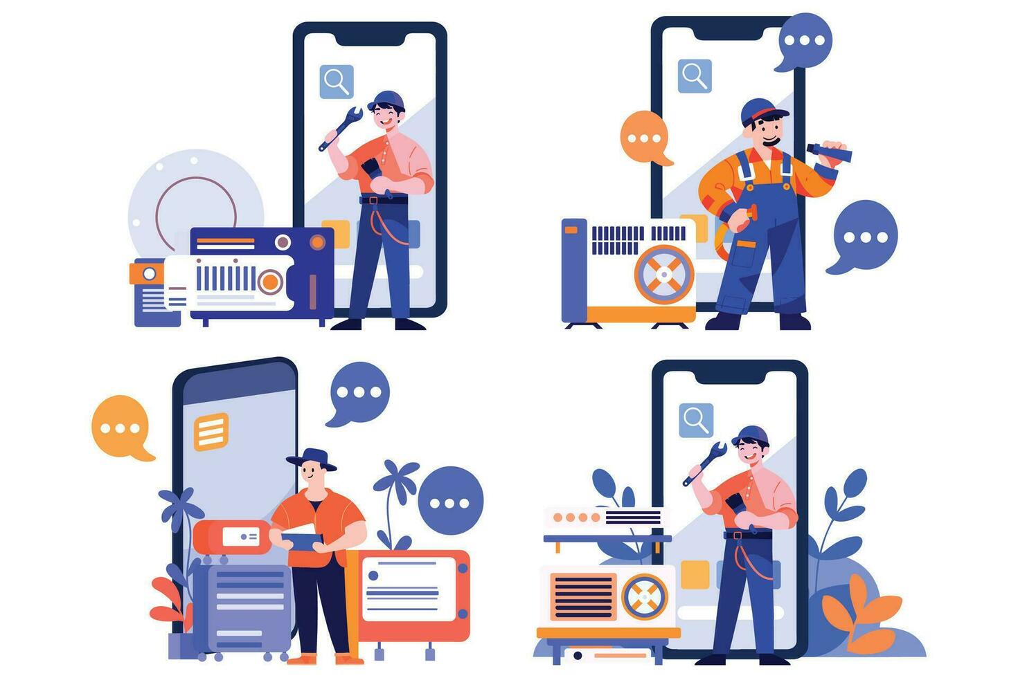 Hand Drawn Engineer or repairman character with smartphone in online repair concept in flat style vector