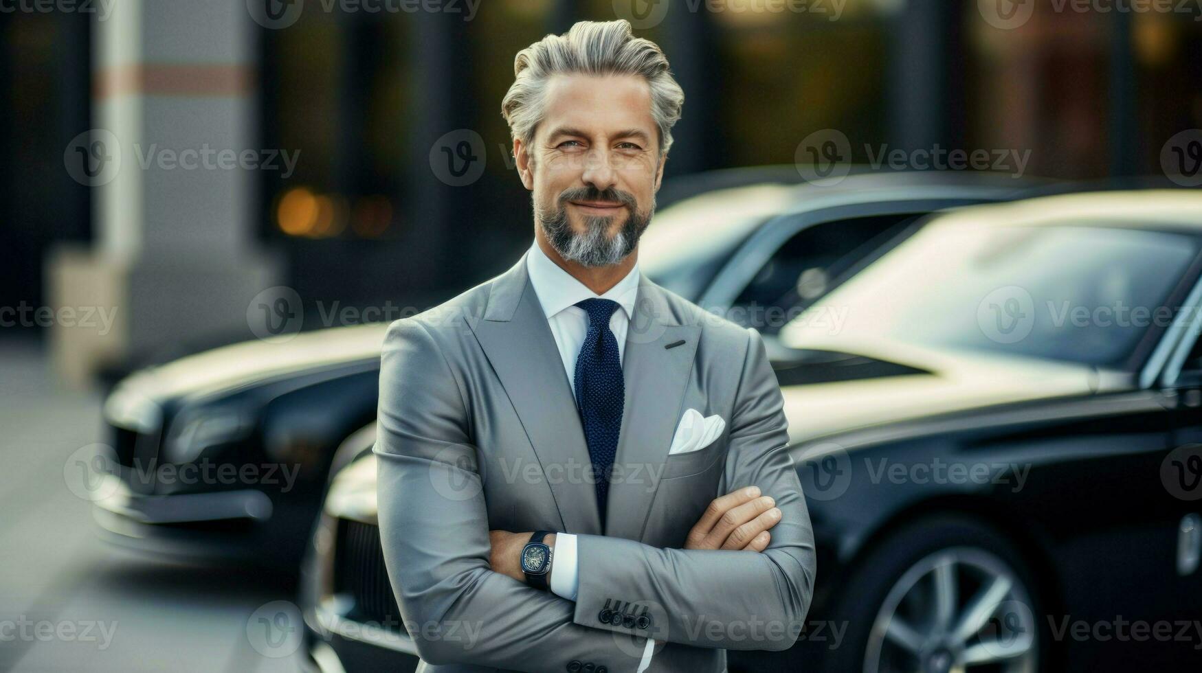 Successful businessman posing in front of his luxury car. Generative AI photo