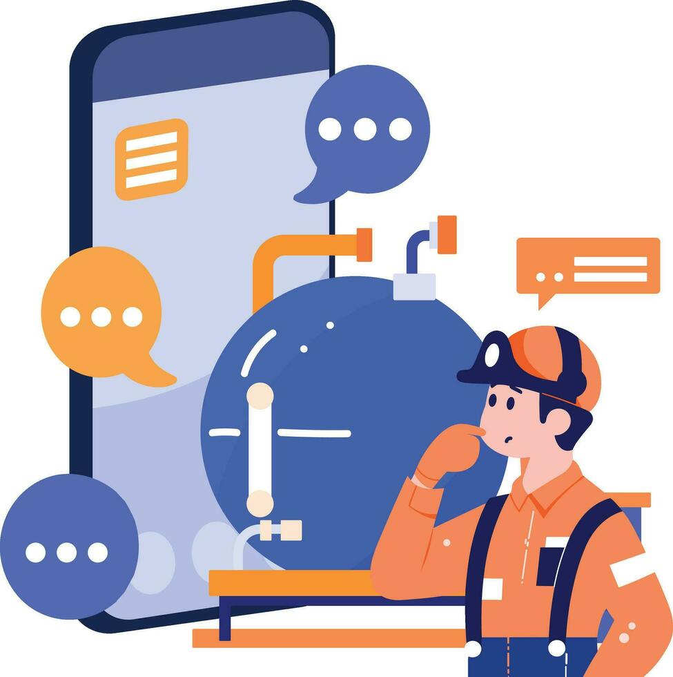 Hand Drawn Engineer or repairman character with smartphone in online repair concept in flat style vector