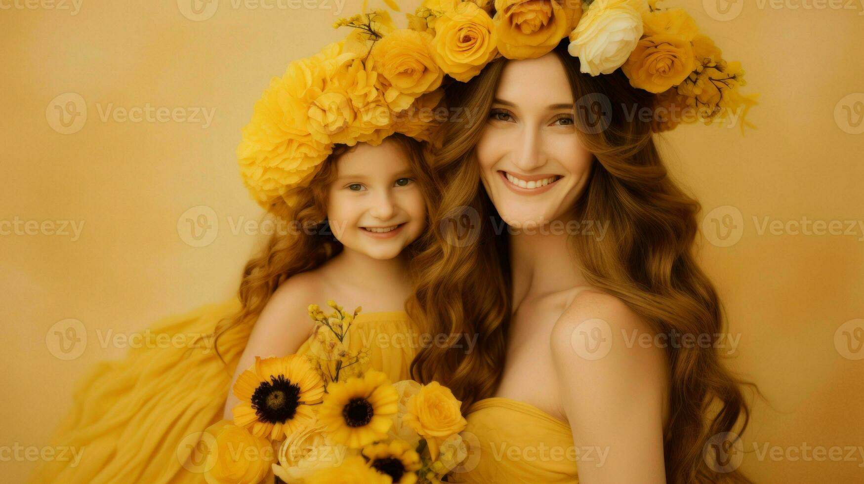 Mother and her little daughter wearing a crown full of flowers. Generative AI photo