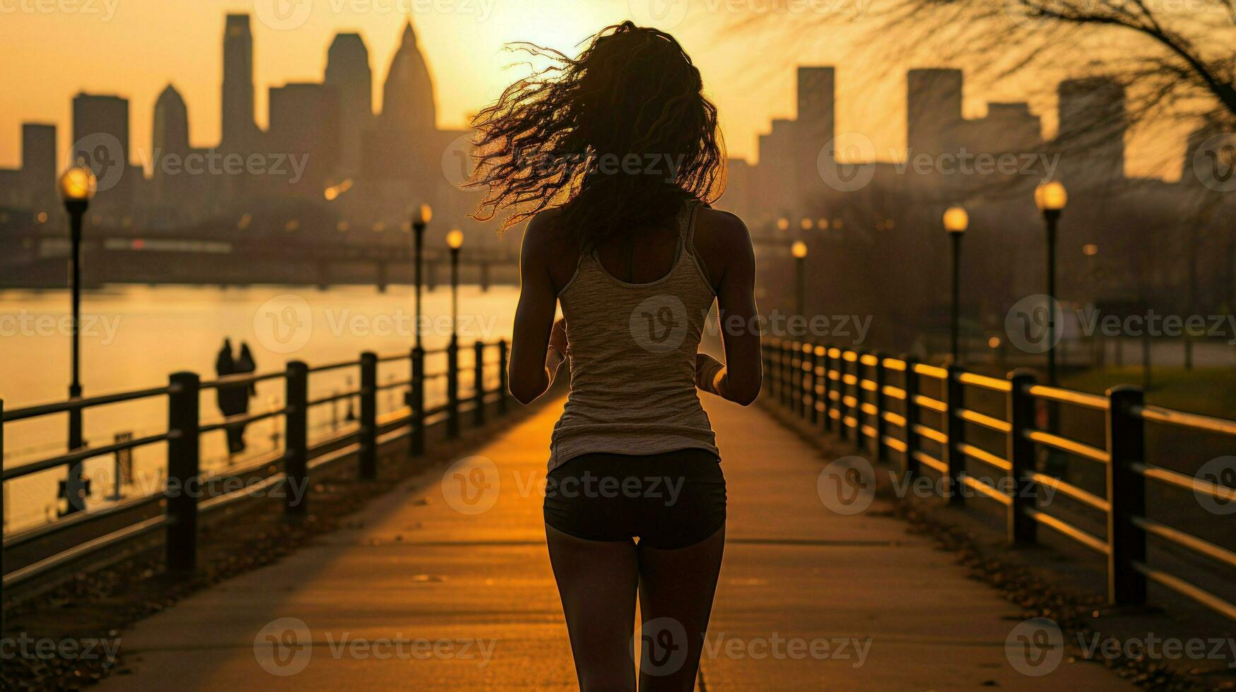 A fit woman jogging in athletic wear during golden hour.. Generative AI photo