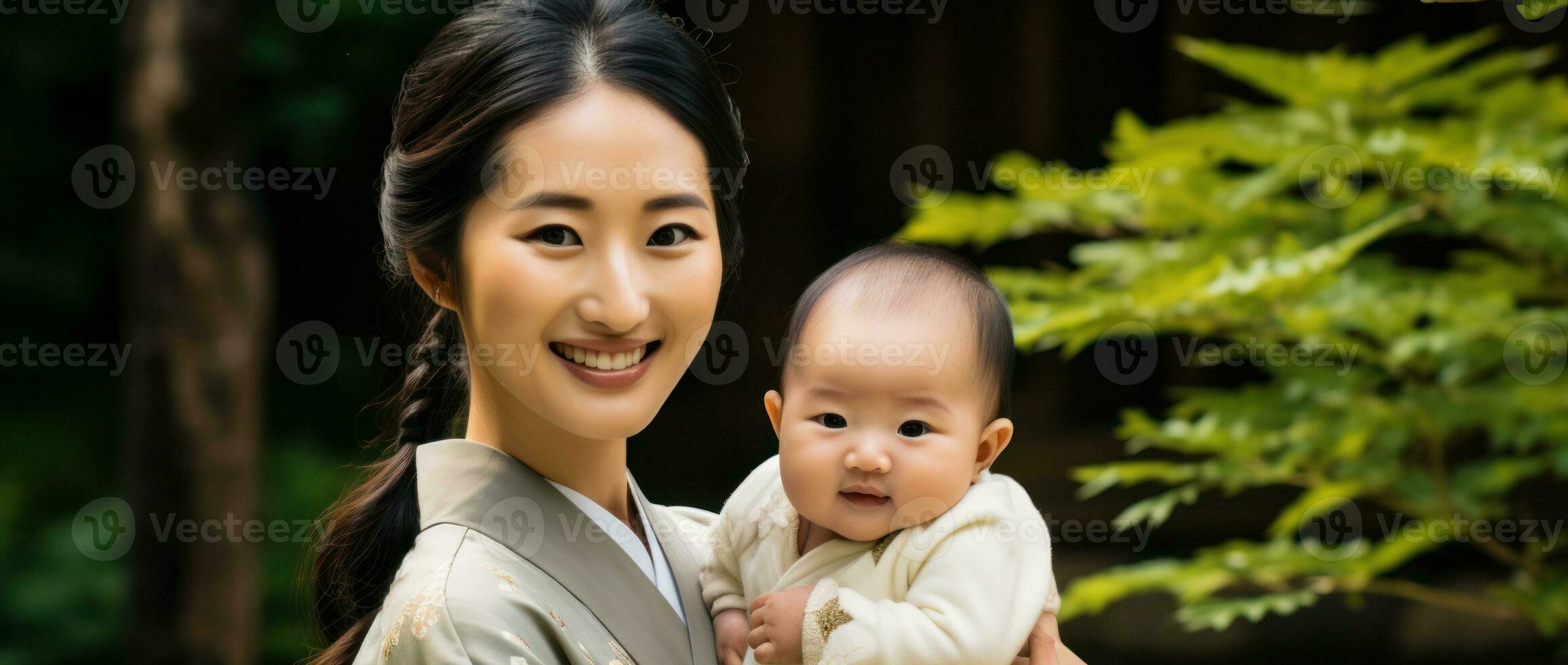 An Asian mother and her newborn baby are very close to each other.. Generative AI photo
