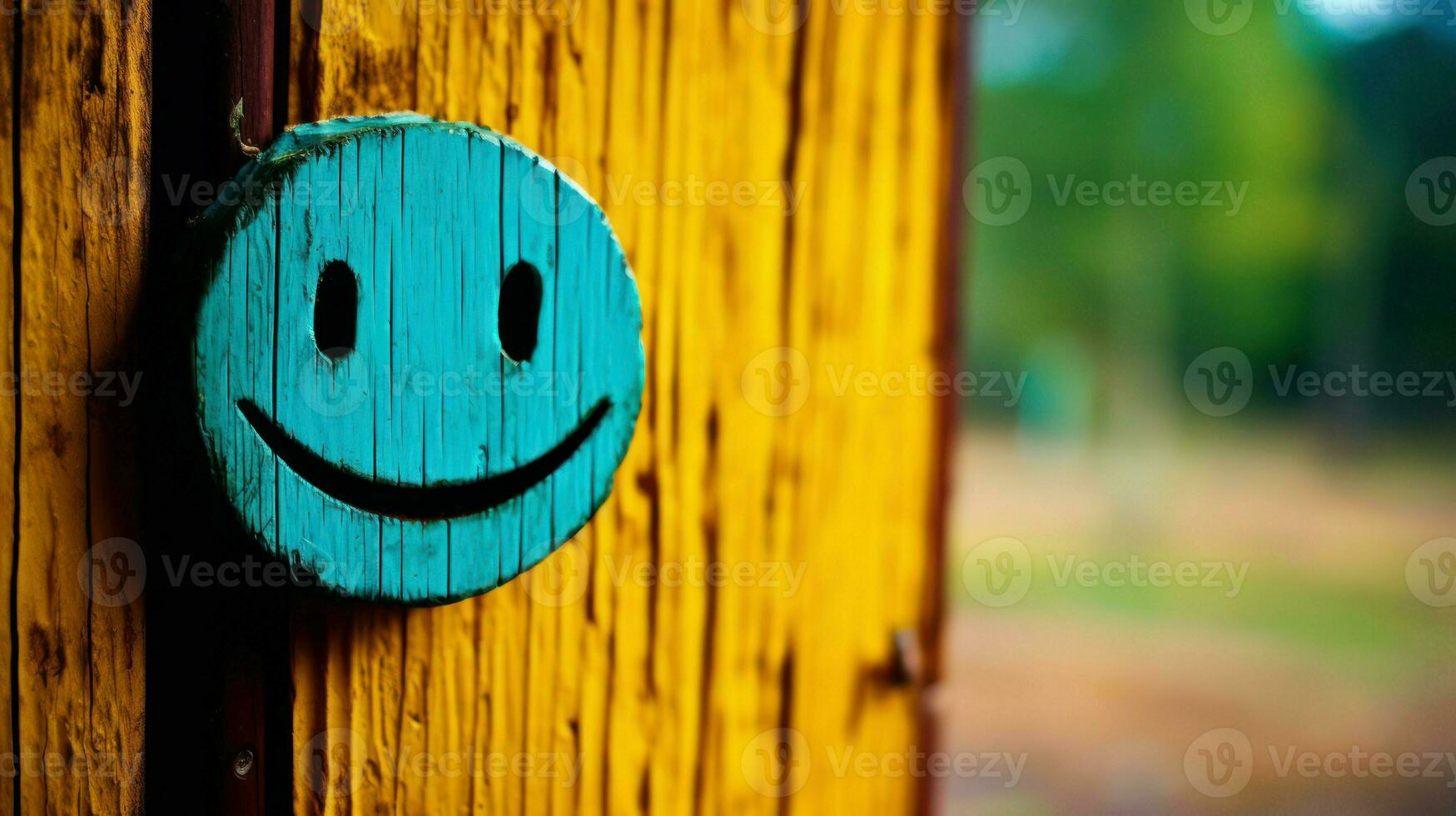 de cerca de un de madera tablón con un pintado azul sonriente rostro.. generativo ai foto