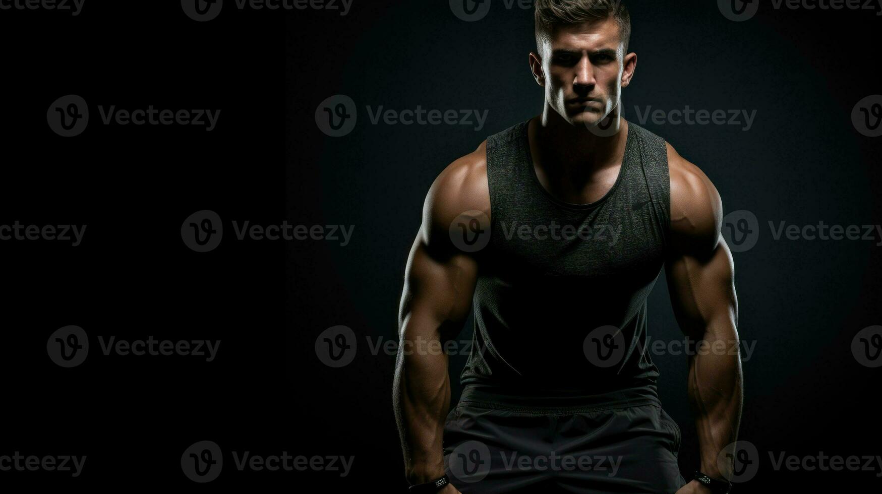 Muscular man posing in front of black background. Generative AI photo