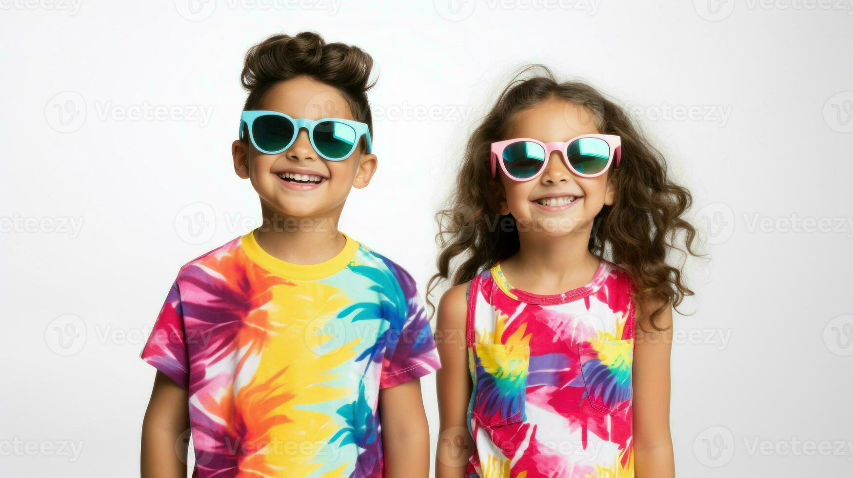 Two little boys and girls wearing colorful glasses. Generative AI photo